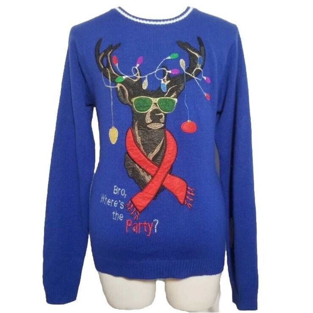 Jolly Sweaters Size M Blue Bro Where's the Party Holiday Ugly Christmas Sweater
